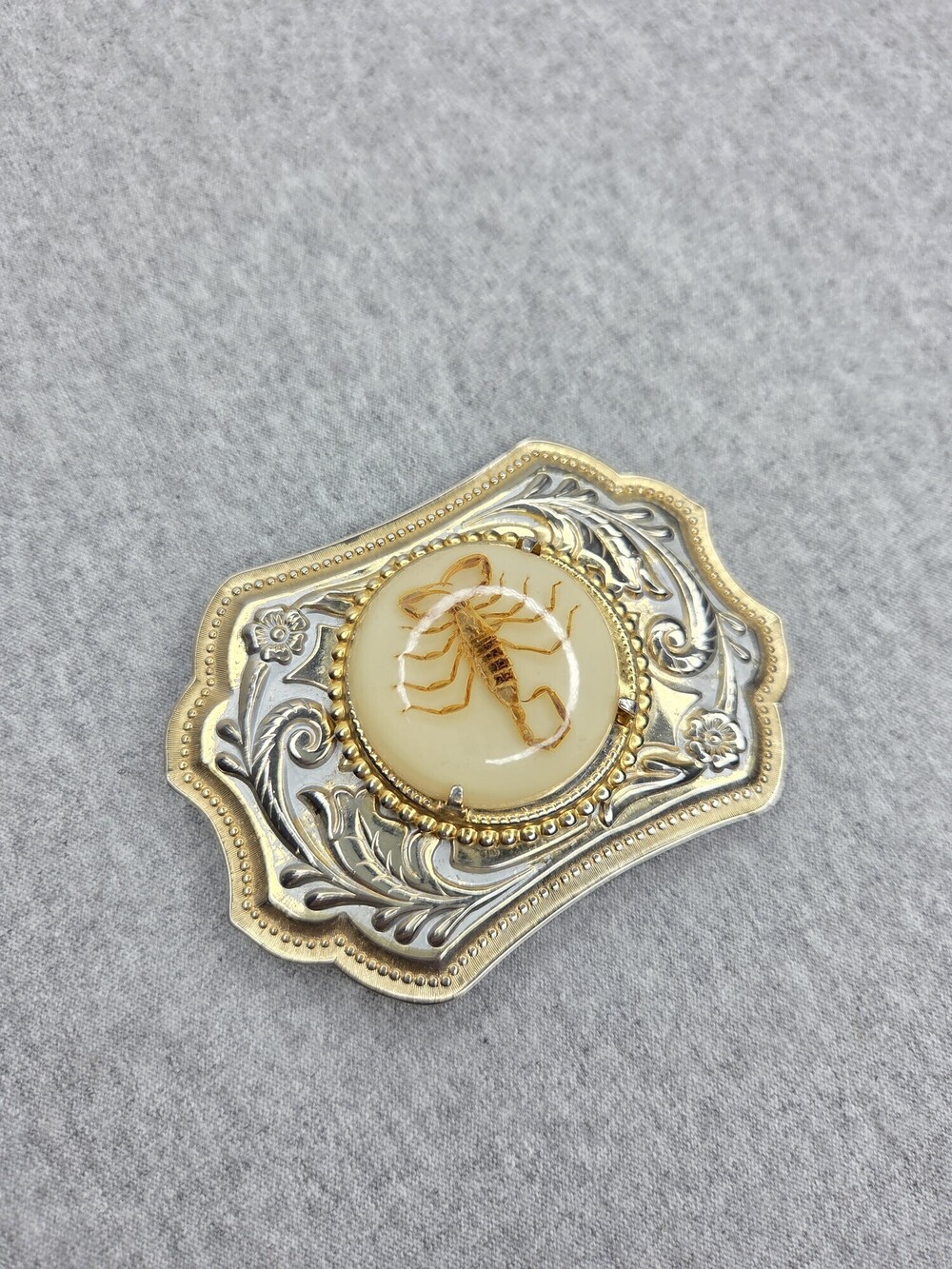 Real Scorpion Resin Western Belt Buckle Scalloped Two Tone Silver Gold